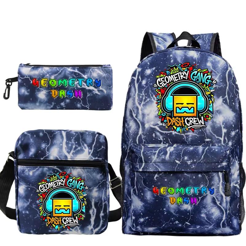 Ensemble 3 pièces Sac à dos Geometry Dash Sac d'école Sac à bandoulière Trousse à crayons Sac à dos léger à fermeture éclair Sac Tendance pour Adolescent Garçon Fille