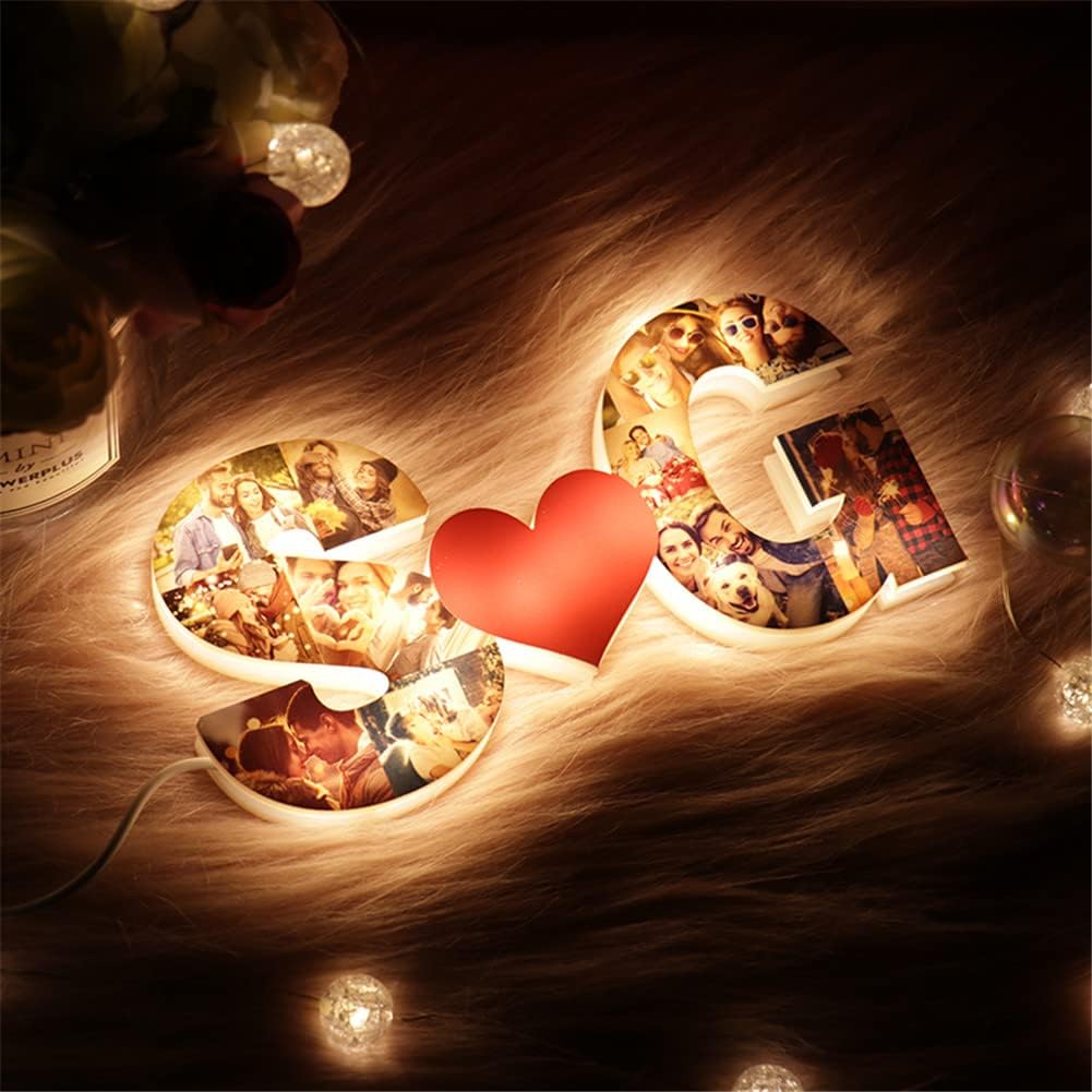 Personalized Alphabet Heart Photo Lights, Letter Collage Heart Night Lamp Bedside Table Lamp, Photo Frame Collage for Family Pictures Gift for Mom