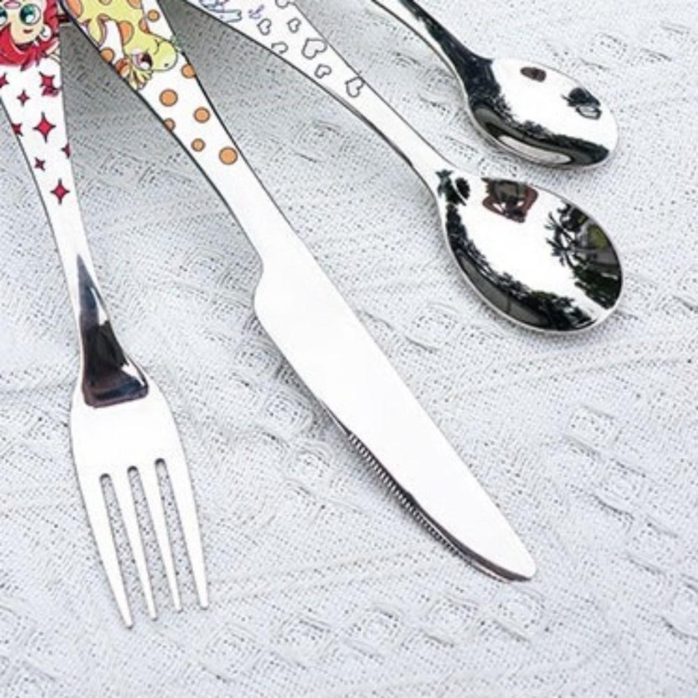 304 Stainless Steel Children Cutlery Set Cartoon Animals Dishwasher Safe Spoon Fork Knife Silver Cute Dinnerware Table Setting