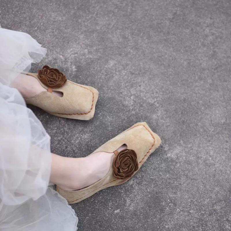 Damskor Ballerinaskor Blomsterdekorationsdesign Damskor Mode Fyrkantig Tå Låg Klack Enkel Sko Mocka Casual Loafers Zapatos Mujer