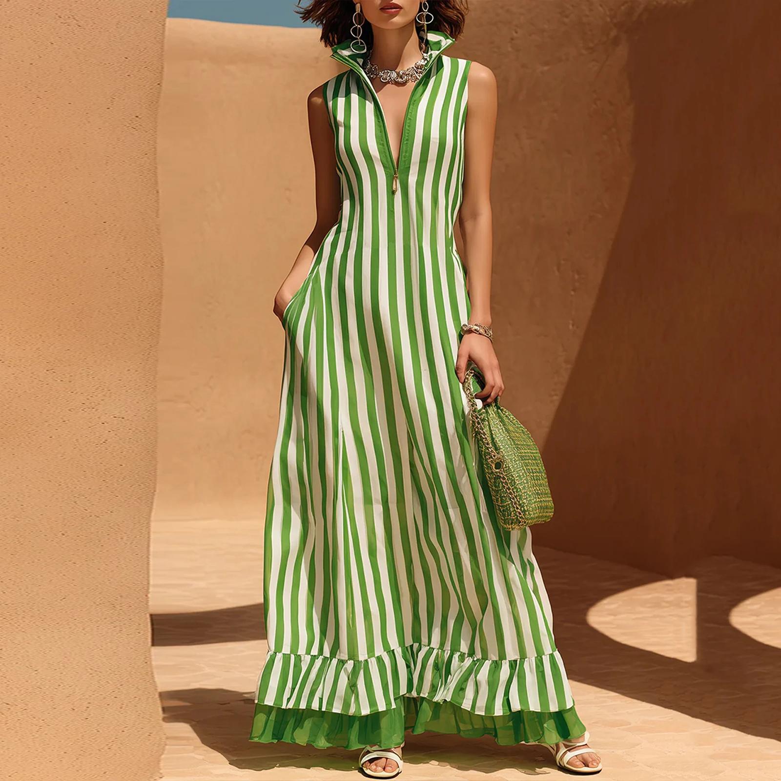 Women Sleeveless Stand Collar Striped Maxi Dress Casual Summer Elegant Loose Fit Ruffled Hem Long Dress with Pockets S