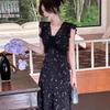 Black Lace Splicing Floral Dress Summer Vacation French Temperament Beautiful Oblique Cut Waist Pinch Dress