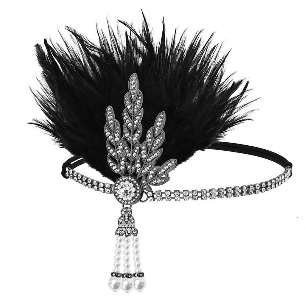 1920s Elegant Rhinestone Leaf Feathered Hairband For Wedding Party and Formal Event Comfortable Elastic Band Headwear