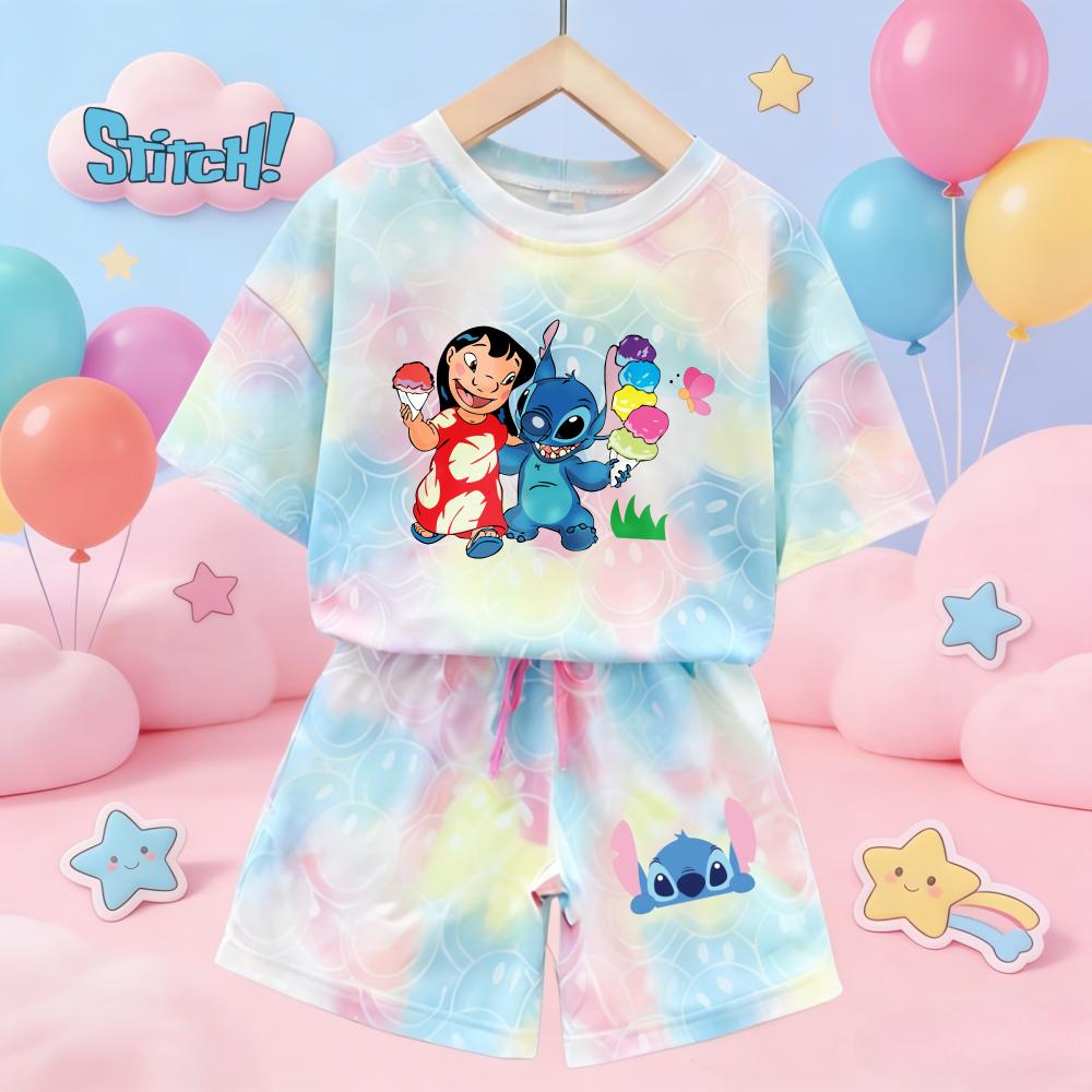 Cute Stitch Print Tie-dye Smile Tees Girl Summer pajamas Kawaii Smile Face Short Sleeve Outfits Short Sleeve T-Shirt and Shorts