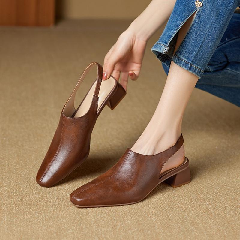 Fashion NEW Spring/Summer Women Sandals Split Leather Shoes for Women Square Toe Chunky Heel Shoes Concise Cover Toe Slingback Sandals