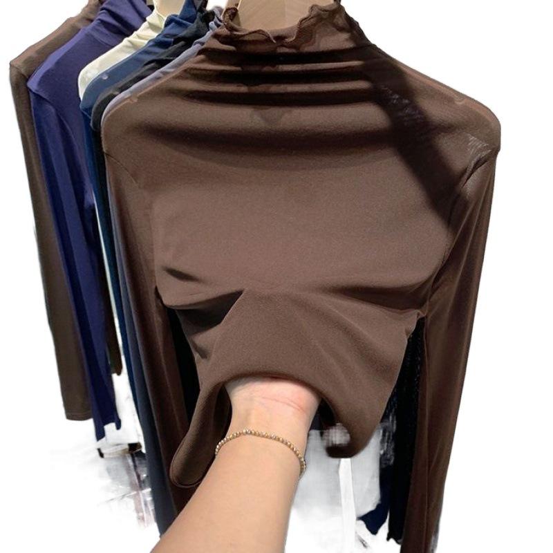 Top da Donna a Collo Alto in Pizzo a Rete con Maniche Lunghe - Bordo a Orecchio di Legno, Strato Base Trasparente per l'Inizio della Primavera