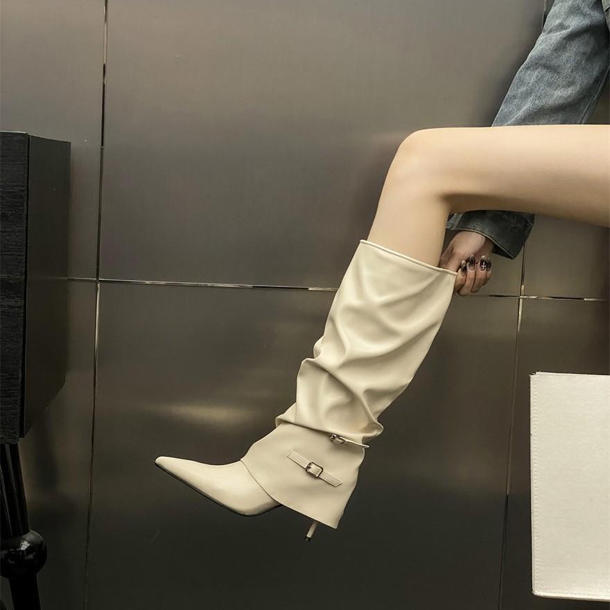 Autumn and winter 2025 Pointed thin heels piled long women's boots versatile but knee belt buckle trouser boots