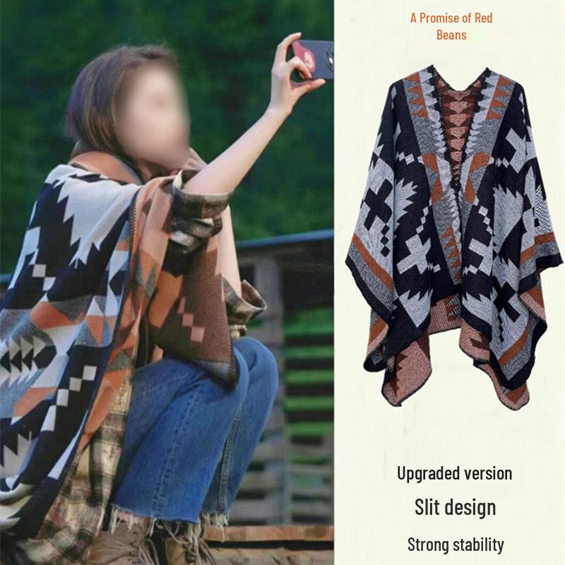 Ethnic Ink Painting Tassel Shawl Cape - Imitation Cashmere, Women's Travel Outfit