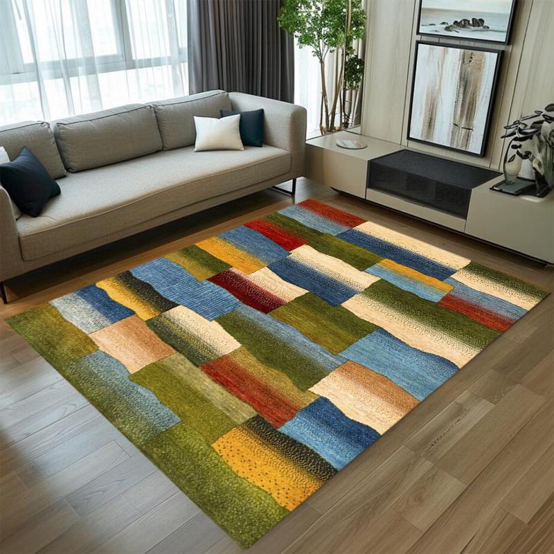 Boho Multicolor Striped Rug Retro Soft Non-Slip Washable Area Carpet Abstract Rainbow Floor Mat for Living Room Kitchen Entryway