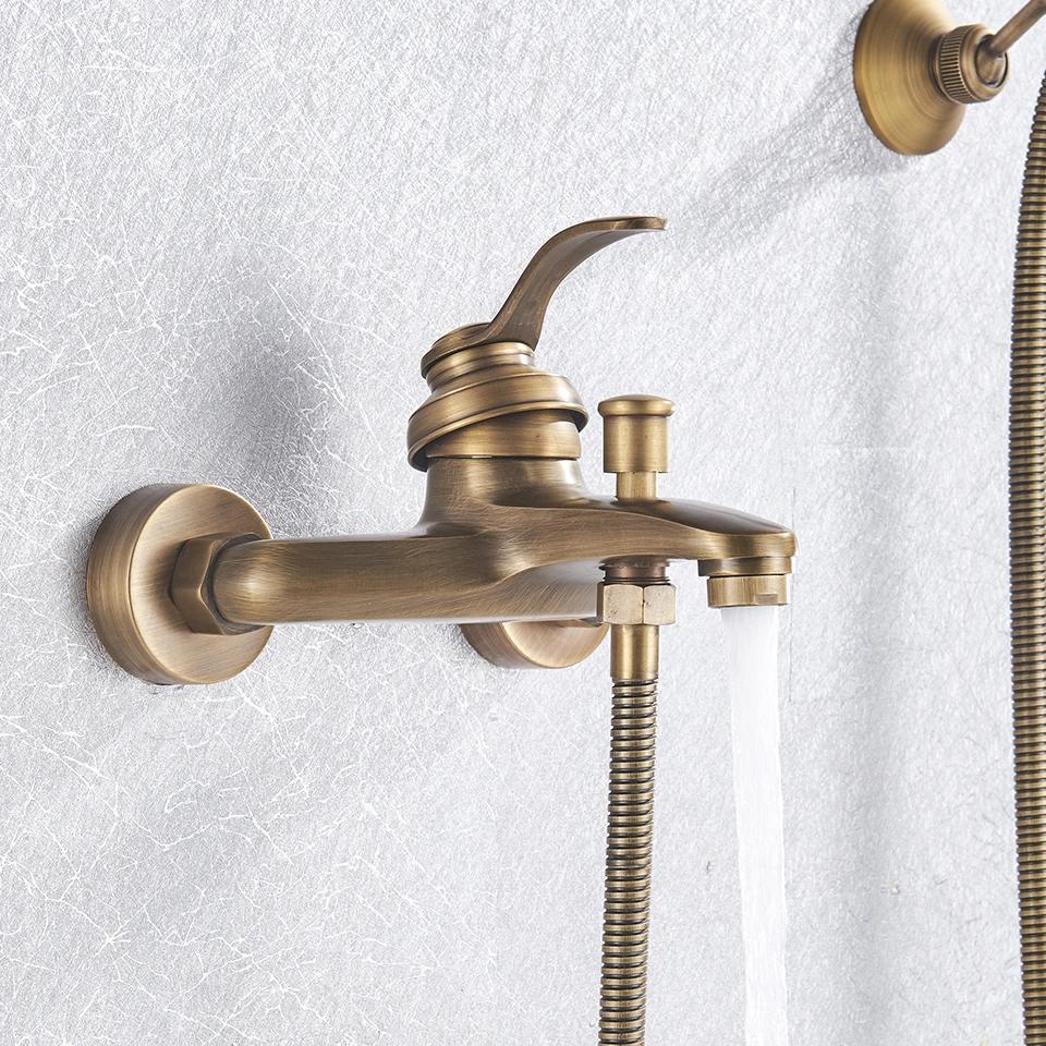 Grifo de Ducha de Latón Antiguo para Baño Grifo de Bañera Grifo Mezclador Juego de Alcachofa de Mano de ABS Grifos de Válvula de Control de Ducha de Montaje en Pared Negro