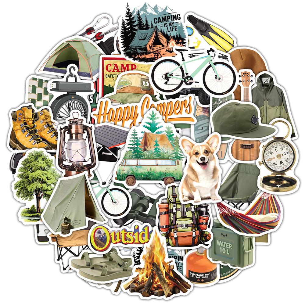 10/30/50pcs Happy Outdoor Camping Travel Stickers Funny Cartoon Hiking Adventure Decals Laptop Phone Water Bottle Sticker Decor
