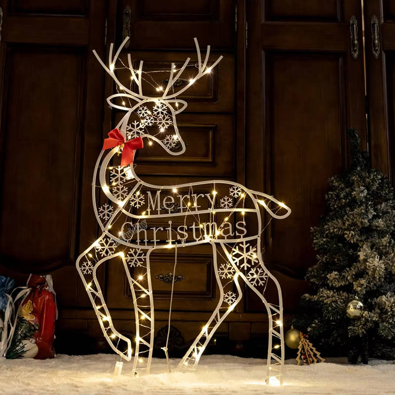 3PCS Handmade Iron ArtElk Deer Christmas Garden Decor &LED Light Glowing Glitter Reindeer Xmas Home Outdoor Yard Decor