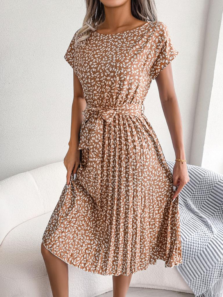 Fashion Floral Pleated A Line Long Dress Women Spring Summer Short Sleeve High Waist Chic Dress 2024 Casual Blue Bohemian Dress