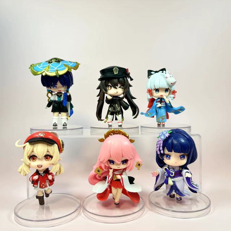 6PCS Genshin Impact Q Version Figures Set Raiden Shogun Scaramouche Hu Tao Yae Miko Klee Model Desktop Ornament Decor Toys Gift