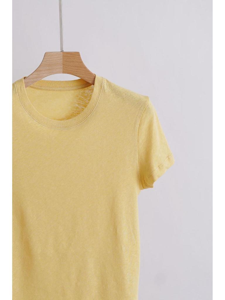 Women's Slim Fit Round Neck Short-Sleeve T-Shirt in Creamy Goose Yellow with Soft Bamboo Linen Cotton Blend