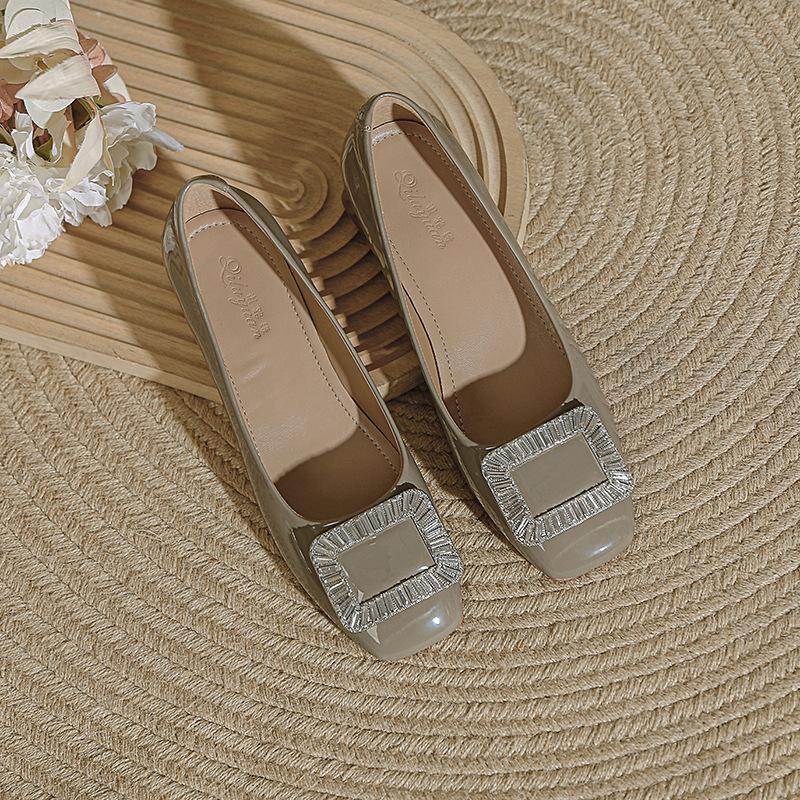 Square head high heels women's 2025 spring new rhinestone square buckle low heel red wedding shoes French light mouth single shoes thick heel