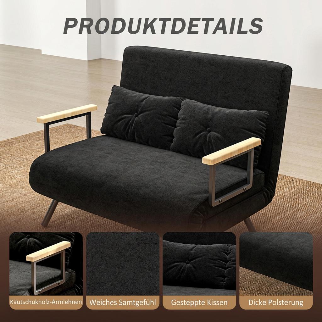 Sofa Bed 2-Seater Sofa Velvet Sofa, Sleep Function, incl. 2 Cushions, Velvet Look, Black