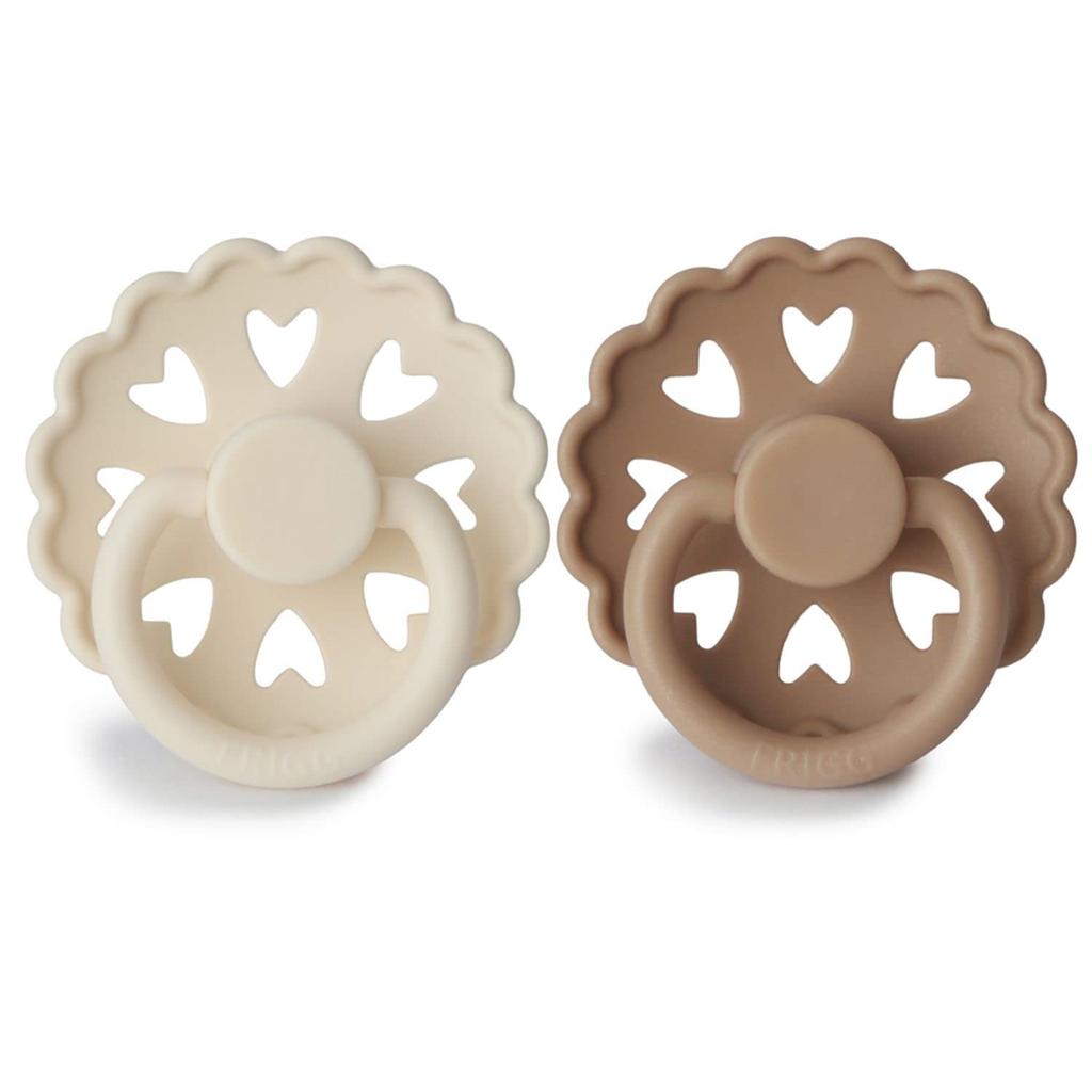 FRIGG Fairytale Silicone Pacifier (Set of 2) - Heart and Flower Shaped - Cute and Stylish Silicone Pacifier for Newborns (0-6 Months) - Cream/Silky Sa