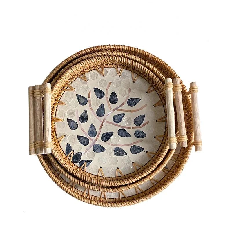 Tabletts zum Servieren von Speisen Serviertabletts Snacktablett Nachmittagstee-Tablett Teller Dessert Rattan Obst Trocken Gericht Süßigkeiten Teller Kuchen Zuhause