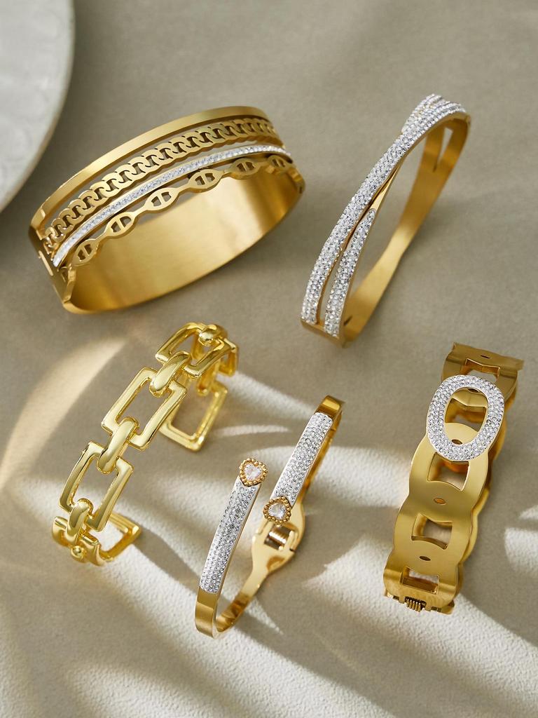 18k Gold Plated Stainless Steel Zircon Geometric Bracelet with Openable NK Chain, Super Shiny Light Luxury Style.