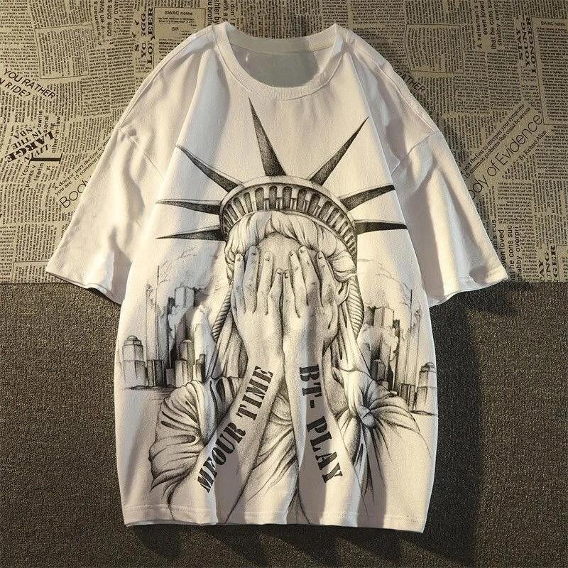 Summer New Graffiti Lady Liberty Graphic Print Premium Men s Short Sleeve Crew Neck Comfortable Loose Tee S