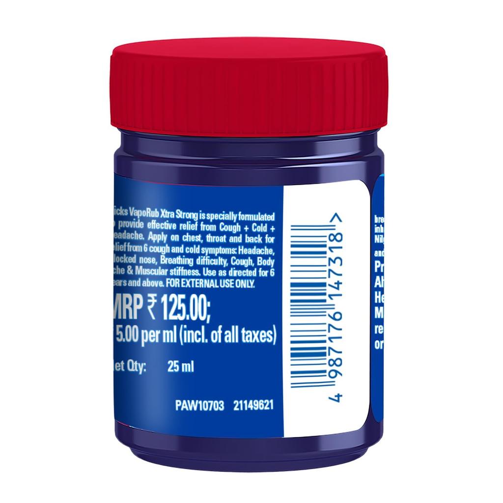 Vicks VapoRub Xtra Strong 25 ml Pack of 1 Cooling Rub for Cough Cold and Headache Relief