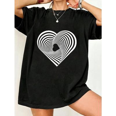 Übergroßes T-Shirt Schwarzes Herz Optische Täuschung Druck Freizeitkleidung für Frauen Sommer Mode Statement Top Streetwear Trendiges Outfit