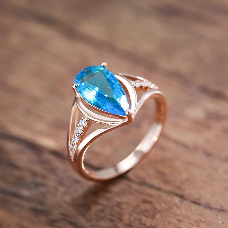 Luxury Blue Zircon Big Rings for Women Fashion Water Drop Gold Color Accessories Wedding Jewelry