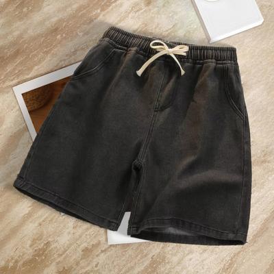 Men Denim Shorts Elastic Waist Drawstring Straight Wide Leg Summer Shorts Solid Color Thin Loose Fit Casual Shorts