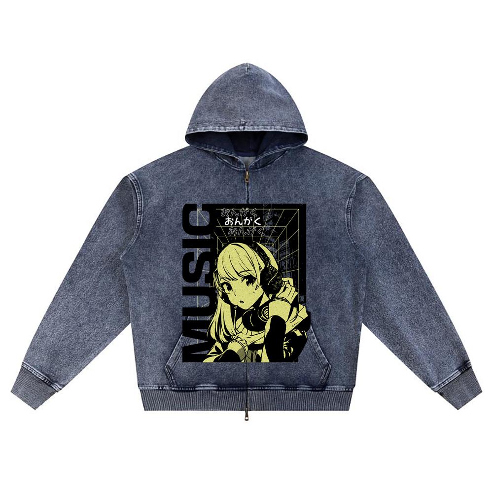 DTG Print Knitted Denim Zip-Up Hoodie Anime Music Brother Print Zipper Hoodies  
