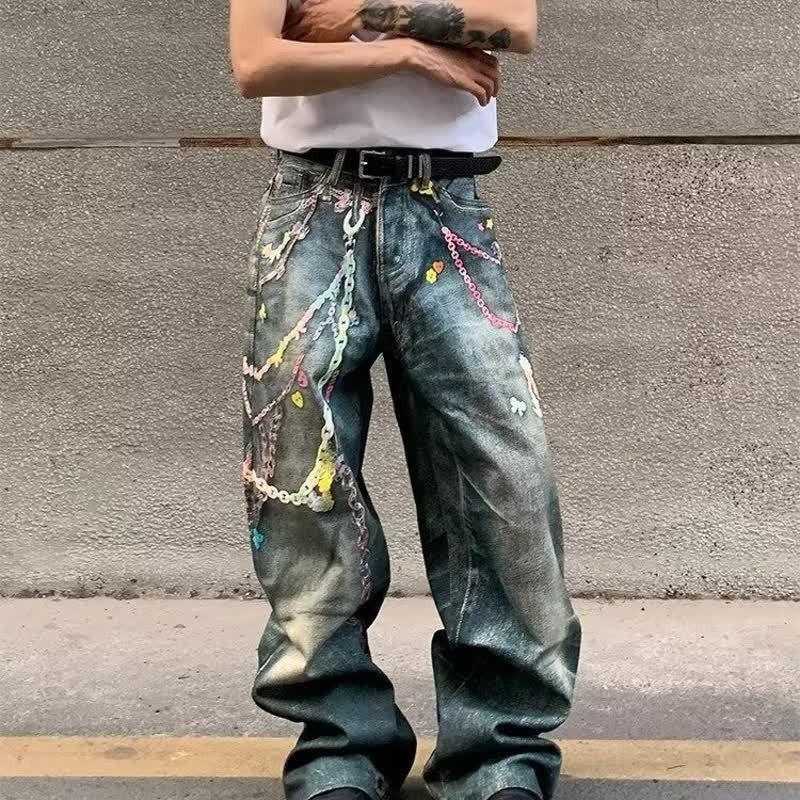 Vintage Candy Chain 3D Print Straight Fit Denim Jeans Men Women Relaxed Wide Leg Trousers Casual Wear