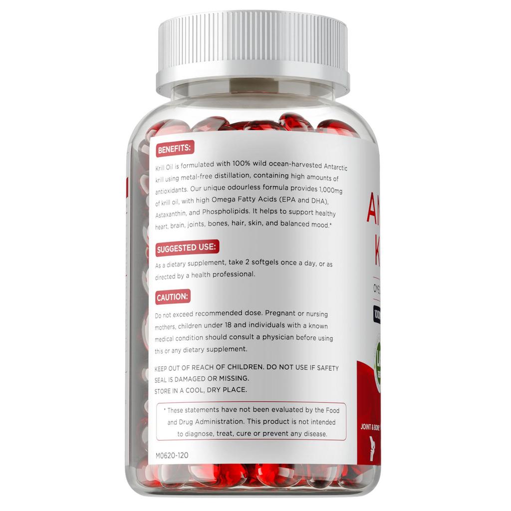 Olio di krill antartico 1000mg, contiene fosfolipidi Omega-3 e astaxantina, supporto antiossidante, adatto agli adulti.