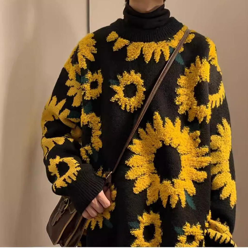 Pulover din jacquard din floarea soarelui european și american Pulover tricotat Toamnă și iarnă pentru femei Pulover cu mânecă lungă cu gât rotund, mediu și lung
