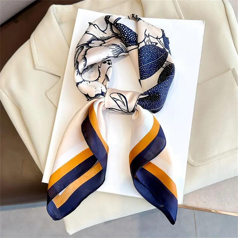 Women's Korean Style Retro Printed Imitation Silk Scarf for Professional and Casual Use