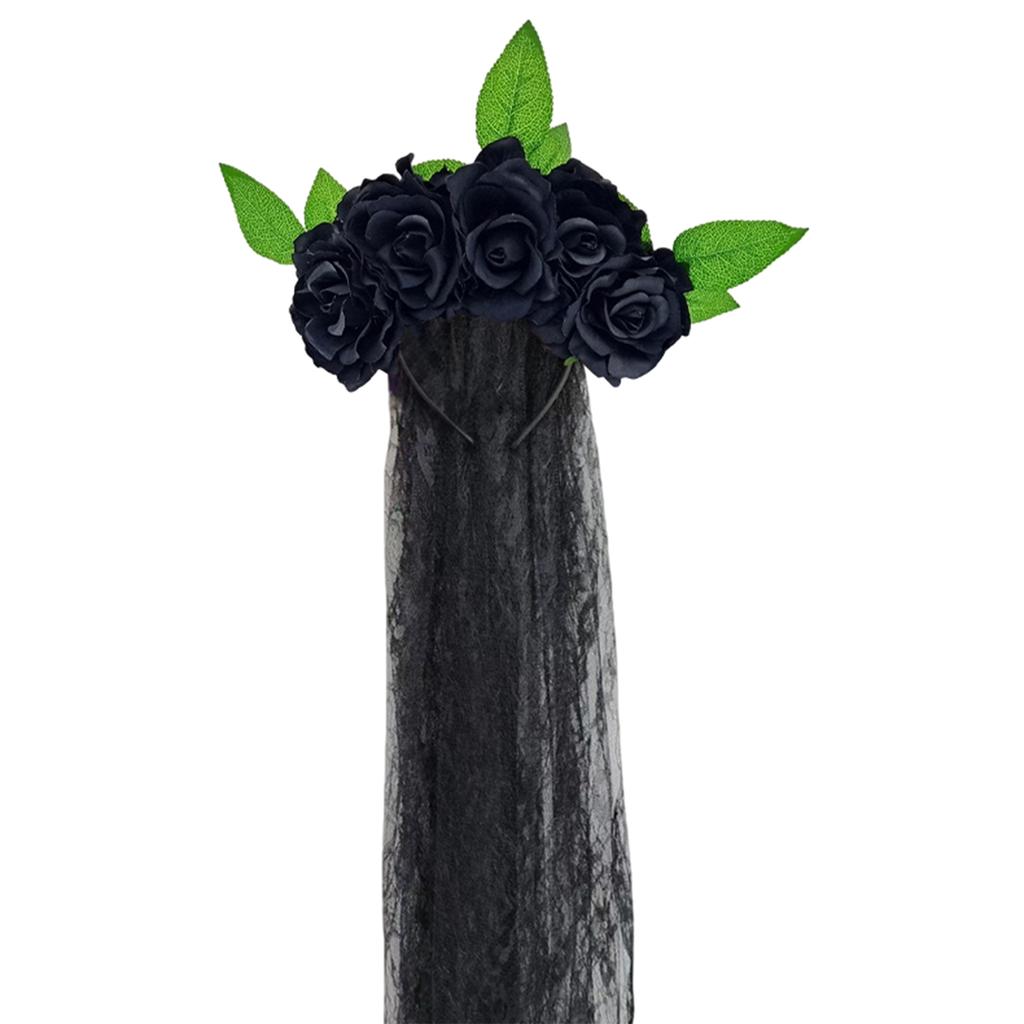 Halloween Gothic Flower Garland With Black Veils Hairband Cosplay Wedding Headpiece Costume Headwear Accessory