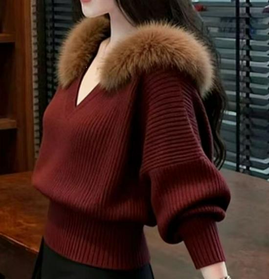 Autumn/Winter Korean-Style Knit Sweater with Soft Fur Collar - Women's Loose, Lazy Fit