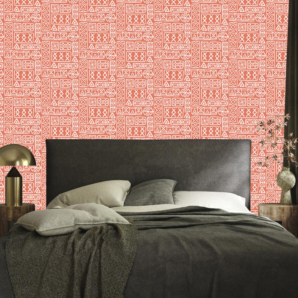 Polynesian Geometric Pattern Wallpaper Coral and Peach 50x1000