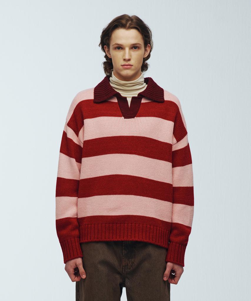 KNITTED Open Collar Striped Knit Red