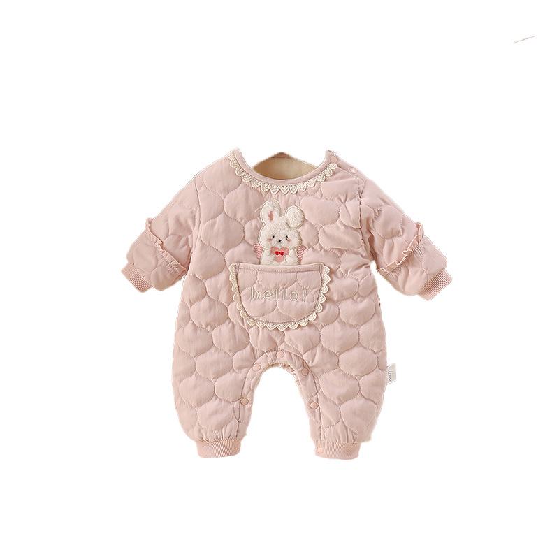 Różowy kombinezon bawełniany dla niemowląt z kieszonkowym króliczkiem, z podszewką z polaru, ciepłe okrycie wierzchnie na jesień/zimę dla noworodków.
