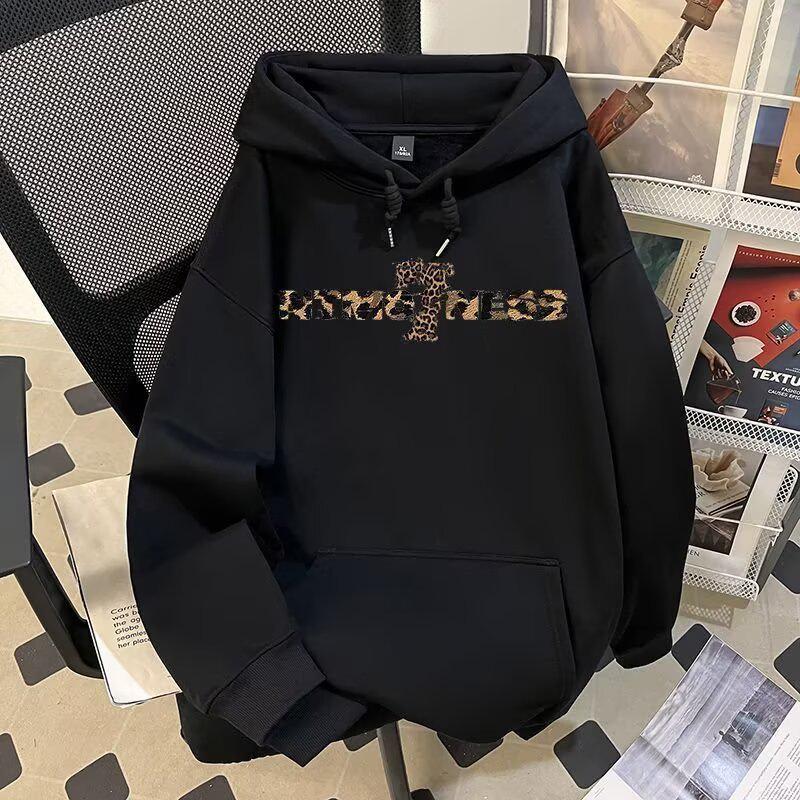 Fleece-Lined Retro Letter Print Unisex Hoodie - Casual Loose Fit for Autumn/Winter M