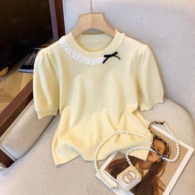 Lace Bow Short Sleeve Knitted Sweater Women's Summer Premium Bead Splicing Shoulder Top