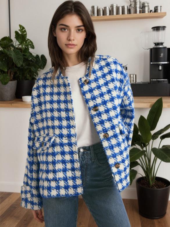 Damen Kurzer Hahnentritt-Mantel - Herbst/Winter 2025 Europäischer & Amerikanischer Stil, Lockere Passform, Lässige Mode