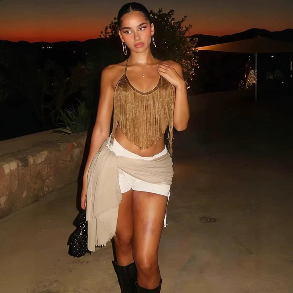 European and American Women's Clothing Summer New Fashion Hottie Sexy Sleeveless Backless Neck Strap Fringed Vest Top
