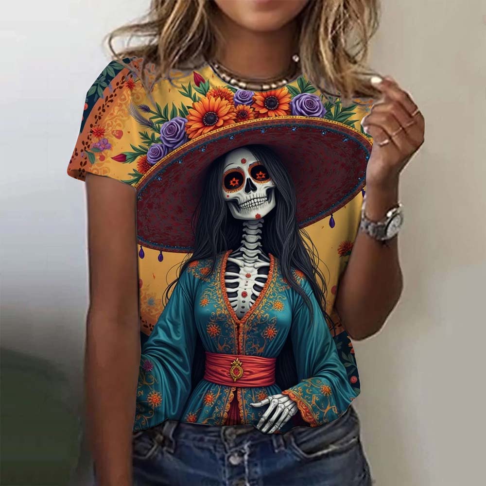 Women's T-shirt for Girls Short Sleeve Casual Sexy Girls Clothes Summer Day of the Dead Undead Skull Pattern Oversized T-shirts
