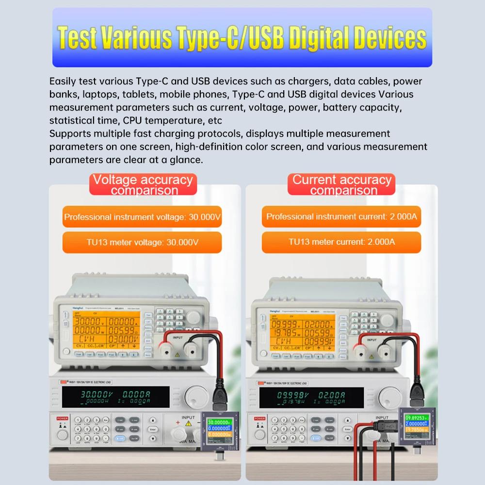 TU13 Type C USB Voltmeter Mobile Phone Charger Multi-Function Voltage Meter Current Power Tester DC 0-50V 6.5A Capacity Monitor