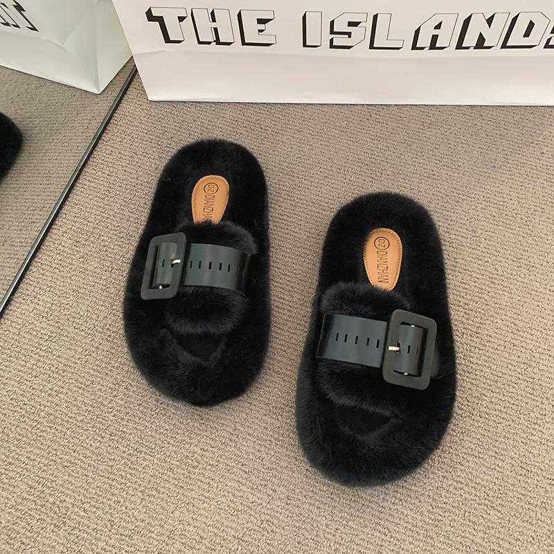 Mao Mao slippers women's wear 2025 autumn and winter new Korean version of one-word slippers fashion belt buckle plush cotton slippers