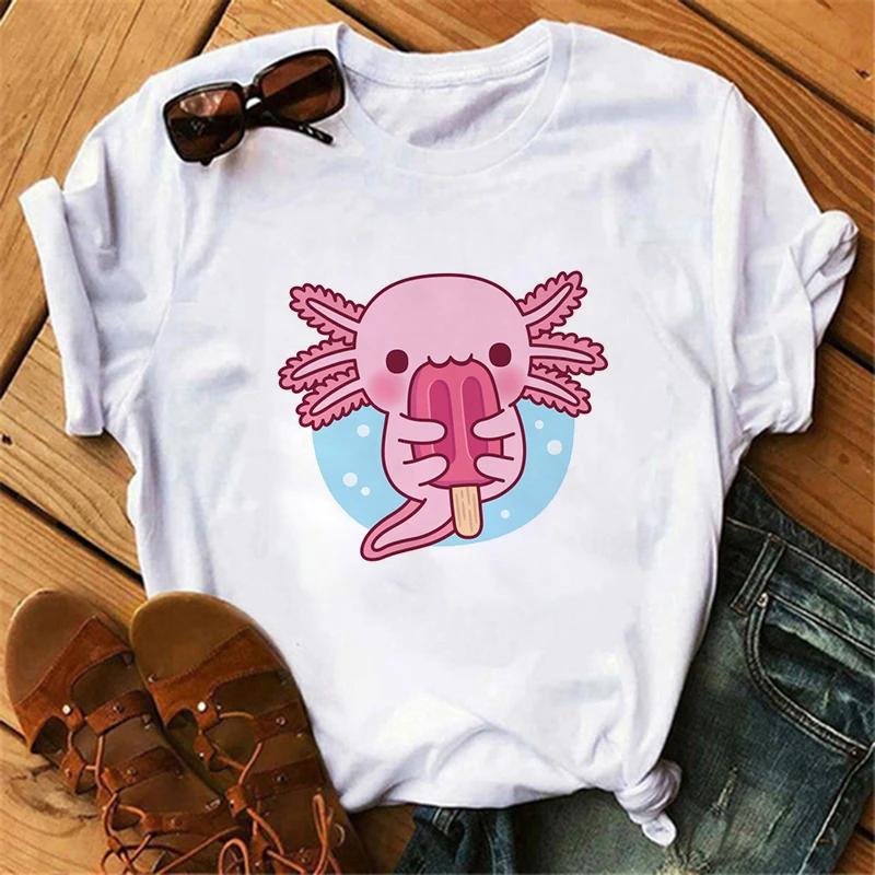 Funny Axolotl T Shirt Women Relaxolotl Kawaii Short Sleeve T-shirt Women's Clothing Summer Tops Y2k Casual Cartoon Graphic Tee