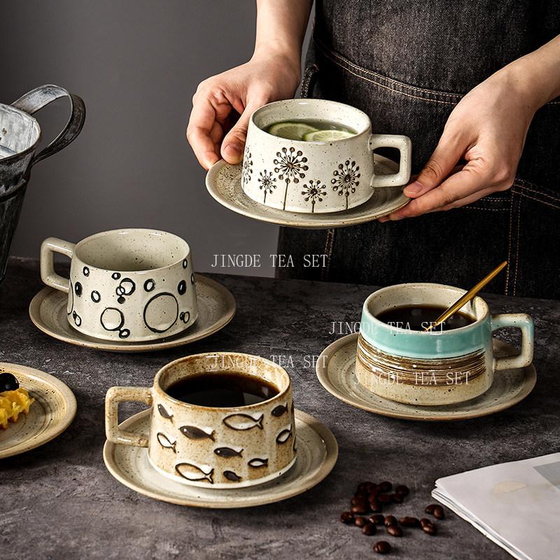 250ml Coarse Pottery Coffee Cup Chinese Latte Cup Plate Set Household Dandelion Shaped Tea Cups Large Capacity Mug Drinkware