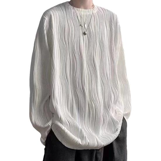 

Мужской осенне-весенний верх с текстурой волны воды, круглым вырезом и длинным рукавом, негабаритный однотонный свободный пуловер в стиле хип-хоп, уличная одежда, мужская мягкая футболка средней длины XL белый