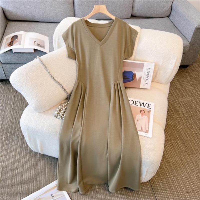 [Special shot] Casual temperament V-neck short-sleeved dress summer large size fat mm pear-shaped figure waist display